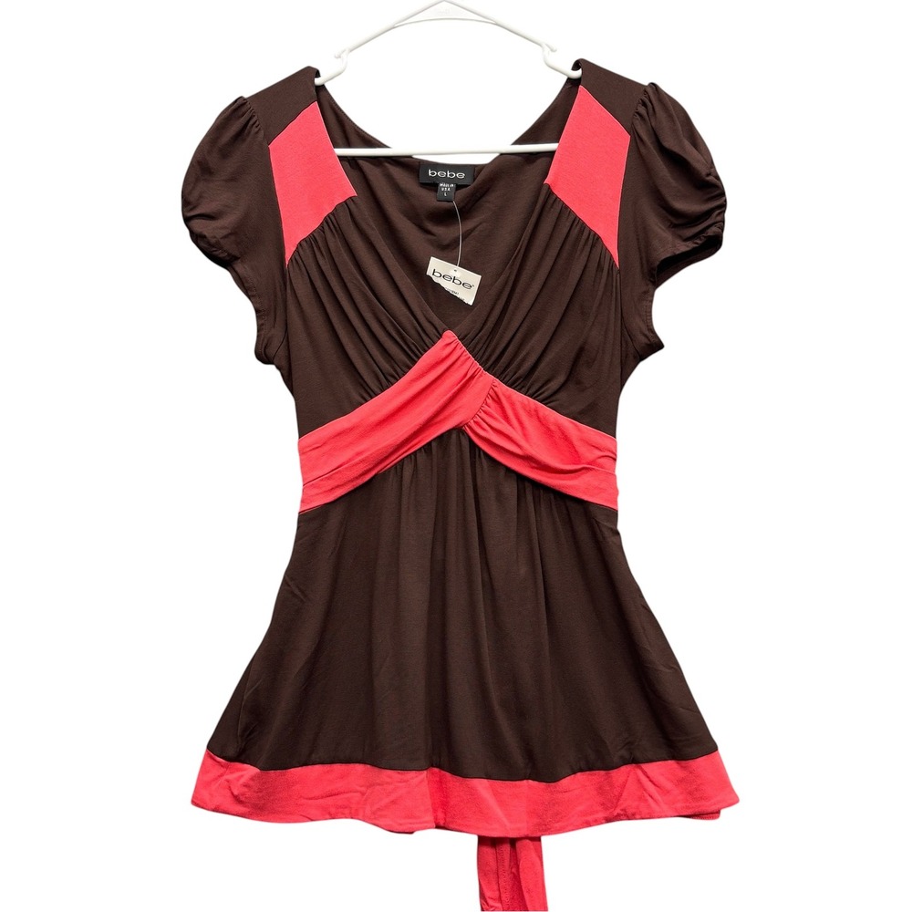 Vtg Bebe Womens Large Brown Coral Babydoll Tie Back Cap Sleeve Top Y2K Deadstock